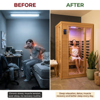2024 Upgrade 1 to 2 Person Infrared Sauna, Low EMF Infrared Sauna for Home, Indoor Sauna Room, Hemlock Wooden Far Infrared Sauna, Dry Sauna with Bluetooth Speakers, LED Reading and Chromotherapy Lamp — Before & After