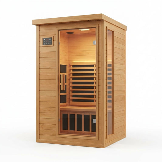 2024 Upgrade 1 to 2 Person Infrared Sauna, Low EMF Infrared Sauna for Home, Indoor Sauna Room, Hemlock Wooden Far Infrared Sauna, Dry Sauna with Bluetooth Speakers, LED Reading and Chromotherapy Lamp — Studio Shot