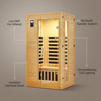 2024 Upgrade 1 to 2 Person Infrared Sauna, Low EMF Infrared Sauna for Home, Indoor Sauna Room, Hemlock Wooden Far Infrared Sauna, Dry Sauna with Bluetooth Speakers, LED Reading and Chromotherapy Lamp — infographic