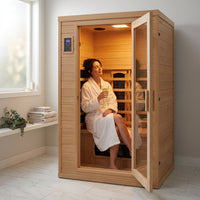 2024 Upgrade 1 to 2 Person Infrared Sauna, Low EMF Infrared Sauna for Home, Indoor Sauna Room, Hemlock Wooden Far Infrared Sauna, Dry Sauna with Bluetooth Speakers, LED Reading and Chromotherapy Lamp — Lifestyle