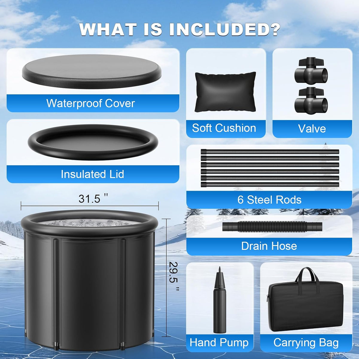 XL 100 Gal Ice Bath Tub for Cold Plunge – Portable Inflatable Ice Pod with Insulated Lid & Dual Valves, Chiller Compatible Cold Plunge Tub for Ice Bath Recovery, Indoor & Outdoor Use