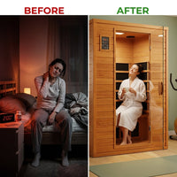 Infrared Sauna Built for Daily Recovery, 2-Person Capacity, Canadian Hemlock Wood, Low EMF Carbon Panels — Before & After