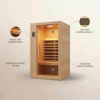 Infrared Sauna Built for Daily Recovery, 2-Person Capacity, Canadian Hemlock Wood, Low EMF Carbon Panels — infographic