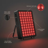 Red Light Therapy Panel, 660Nm Red & 850Nm near Infrared Light Therapy Device with TENS & EMS Functions, 60 Dual Chip Leds, 6 Programs, Timer, Stand, High Power LED Light Therapy Lamp for Face Body — infographic