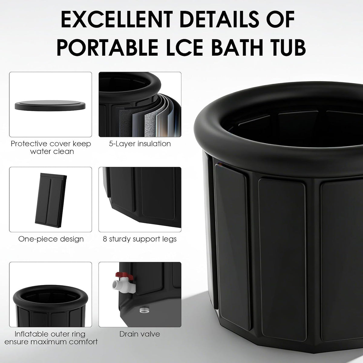 Ice Bath Tub for Athletes - Extra Large Cold Plunge Tub for Muscle Recovery & Cold Water Therapy, Portable Multi-Layer Ice Bath for Home, Gym, Backyard, Spa, Indoor & Outdoor Use (Black, 30X31.5 IN)